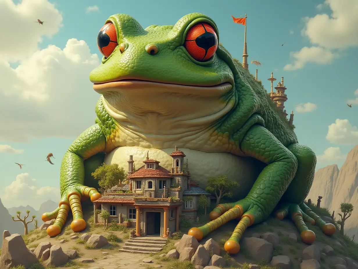 Create a mix between Tasty Frog and a man who transforms into a building