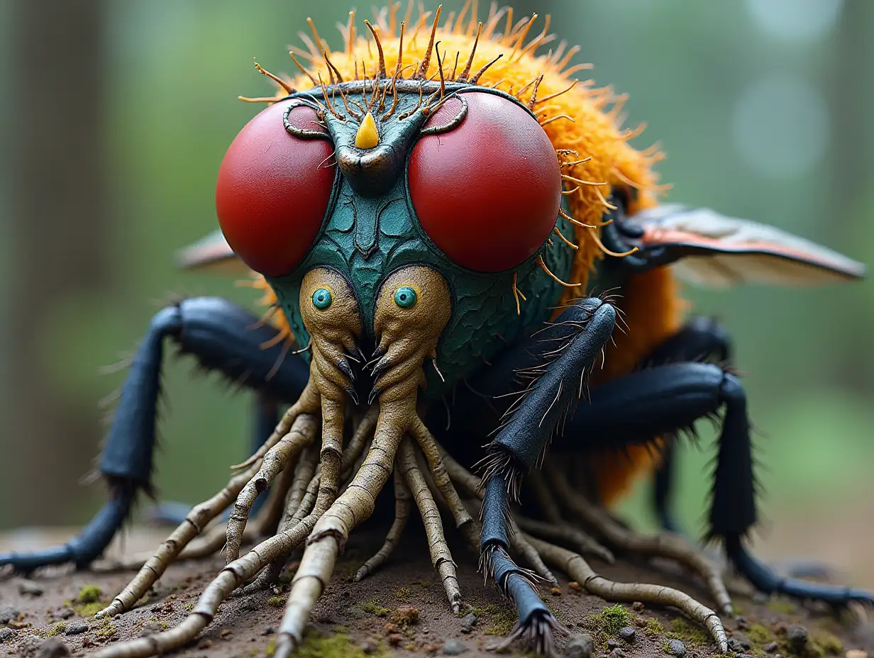 Face transformed into building with colorful Fly Agaric roots
