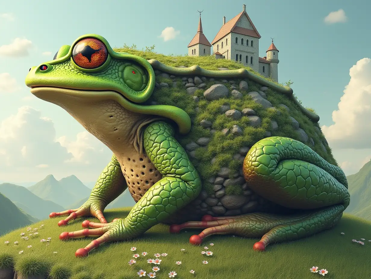 Create for me a mixture of frog and human that transforms into a building