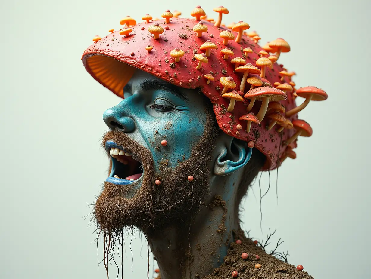 Face with colorful mushroom in mouth roots transformed into building